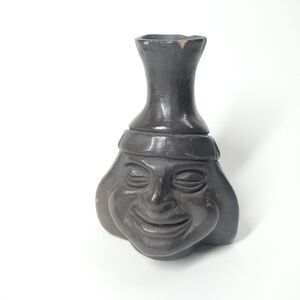 Black Pottery Face Vase Figural Vintage Mexican Oaxacan Clay Mexico